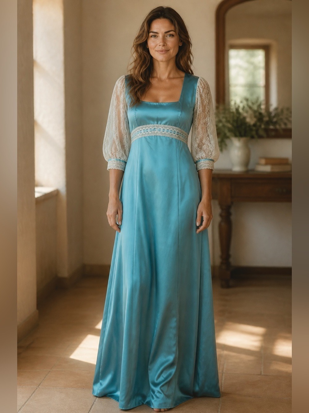 70s HANDMADE SATIN TURQUOISE BLUE SQUARE NECK MAXI DRESS LACE 3/4 SLEEVES & SASH